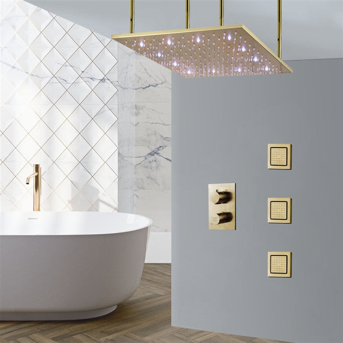 Latina 24" Digital LED Brushed Gold Rainfall Shower System, 3 Jetted Body Sprays