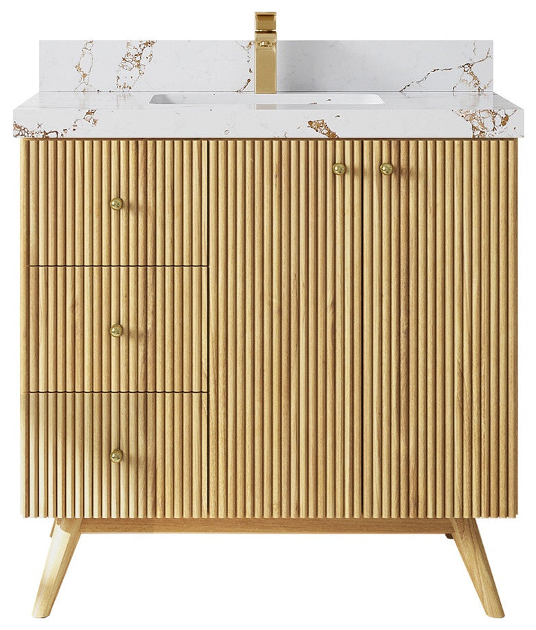 Pasadena 36 Center Sink Bath Vanity in Light Natural Teak 2" Viola Gold