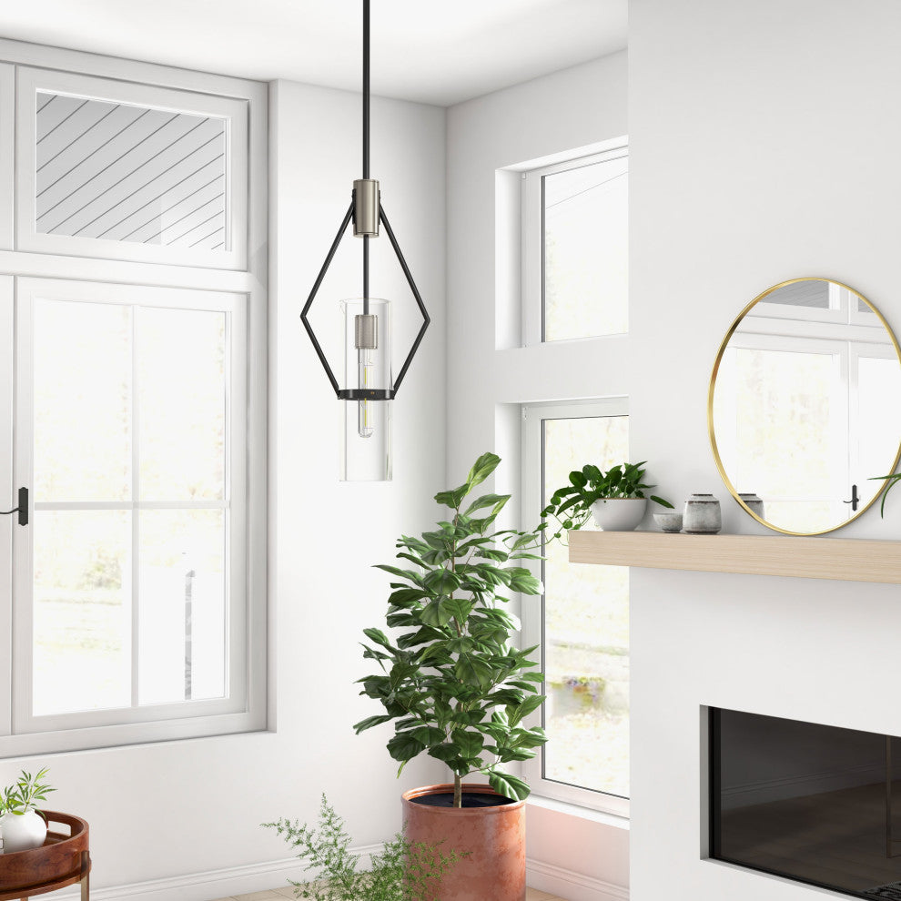 Everly Single Light Metal and Glass Pendant, Black and Chrome