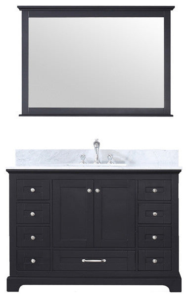 Dukes 48" Vanity, Wht Carrara Marble Top & 46" Mirror w/ Faucet, Espresso