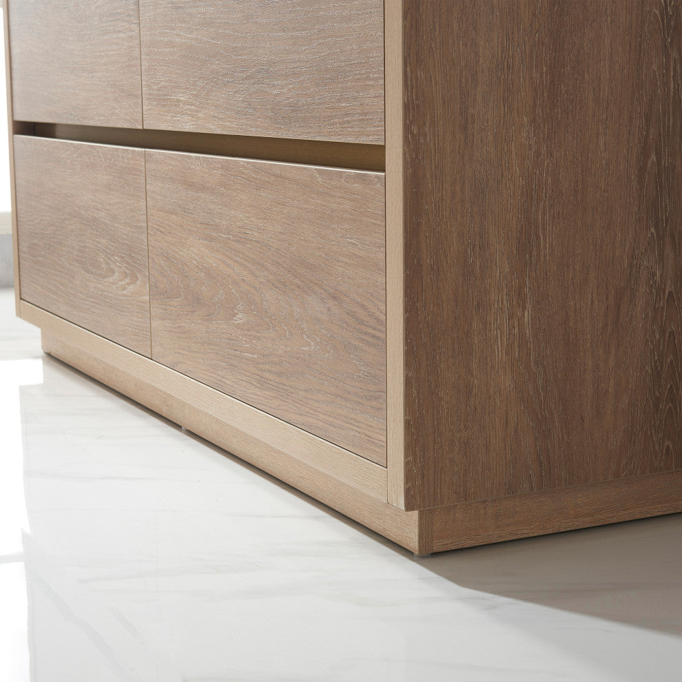 Huesca Bath Vanity, Integrated Sink Top, North American Oak, 60" Double Sink, With Mirror
