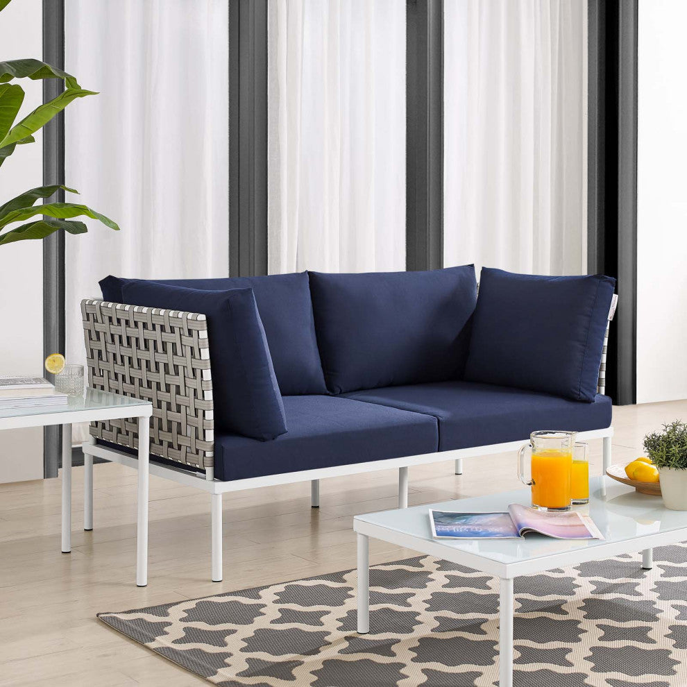 Harmony Sunbrella Basket Weave Outdoor Patio Aluminum Loveseat, Tan Navy