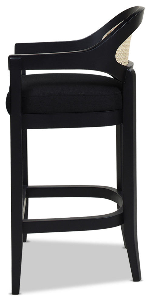 Americana Mid-Century Modern Rattan Cane Back Stool, Jet Black Woven, 26" Counter Height