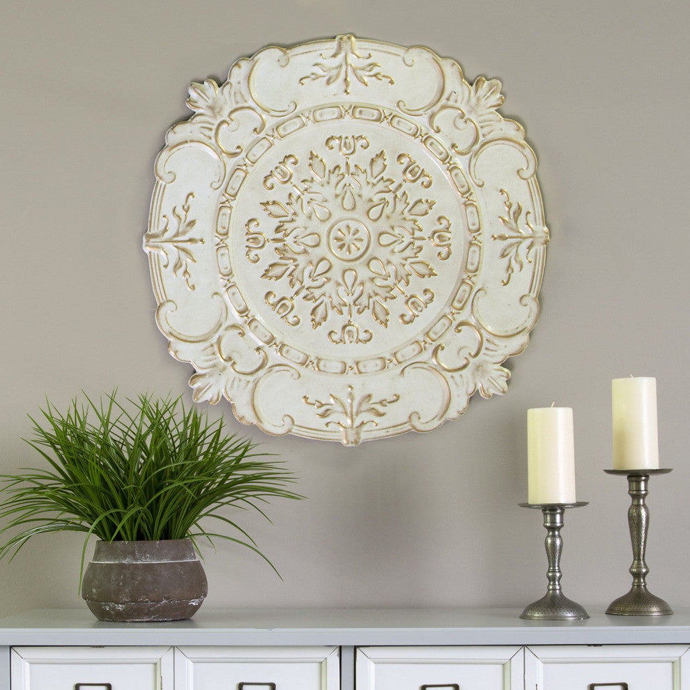 HomeRoots Distressed White European Medallion Metal Wall Decor