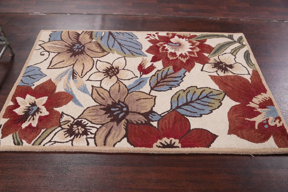 Transitional Hand Tufted Floral Oriental Oushak Area Rug, Multi, 4x6''