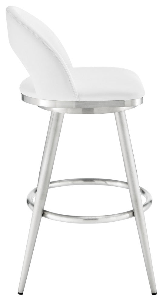 Lottech Swivel Bar Stool, Brushed Stainless Steel With Faux Leather, White