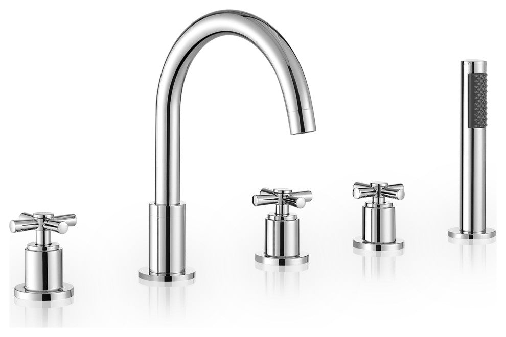 Sorlia Cross Handles Deck-Mount Roman Tub Faucet With Handshower, Polished Chome