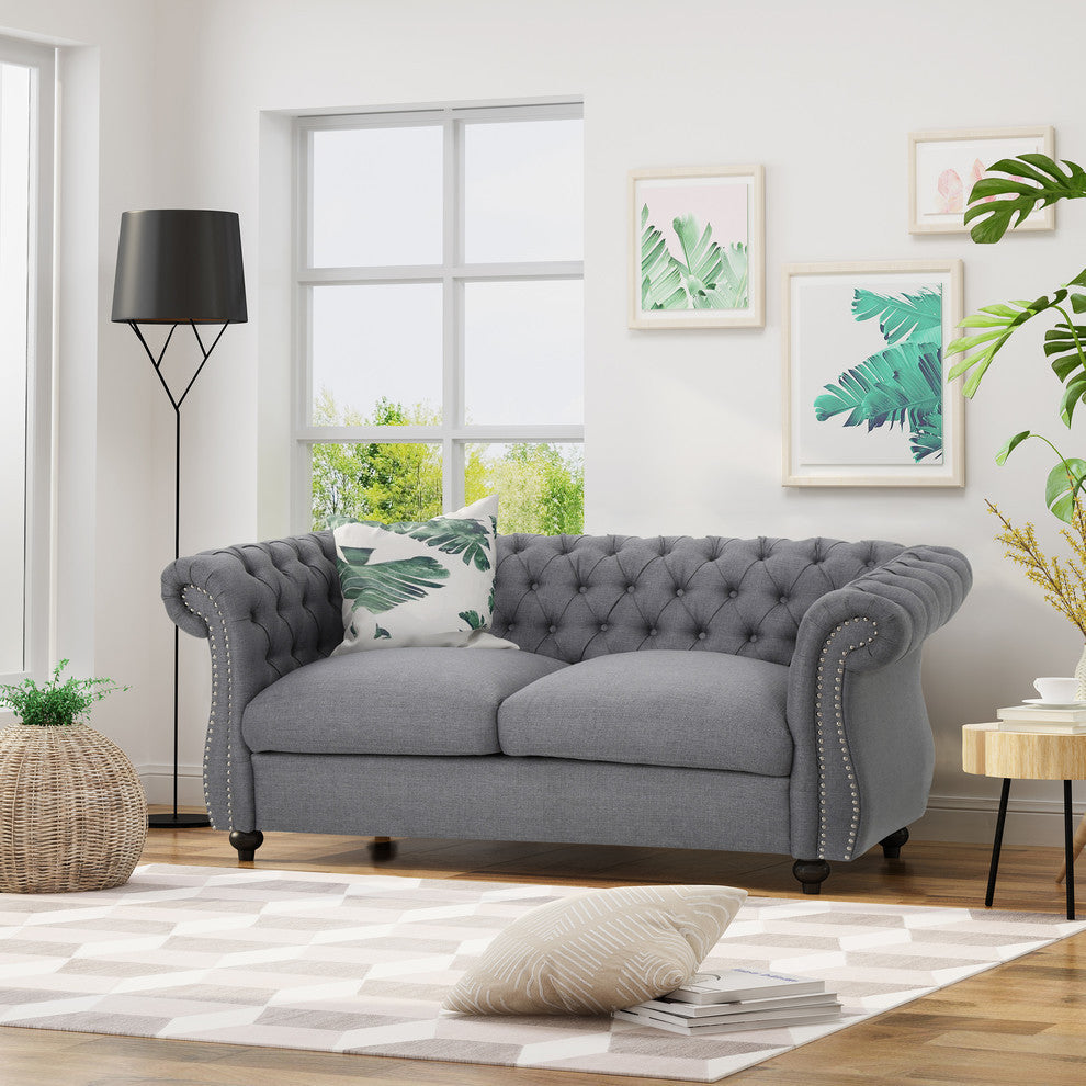 GDF Studio Kyle Traditional Chesterfield Loveseat Sofa, Dark Gray/Dark Brown