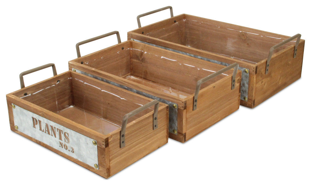 Set Of 3 Wood Storage With Galvanized Cutout Accent