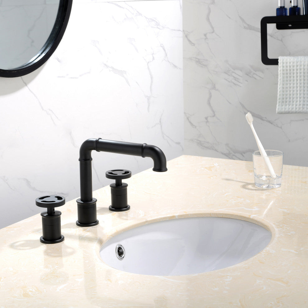 Deck Mounted Dual Handles Modern Industrial Style Bathroom Sink Faucet, Matte Bl