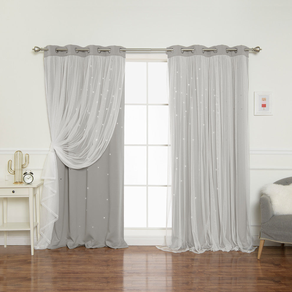 Tulle Overlay Star Cut Out Blackout Curtains, Dove, 52" W X 84" L