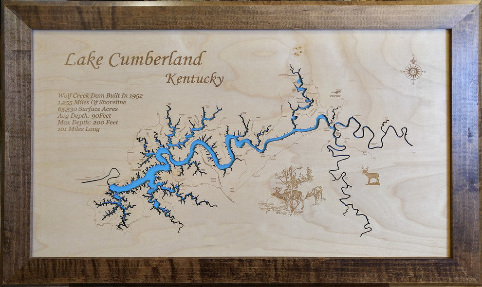 Lake Cumberland, Kentucky-Wood Lake Map, Large Framed