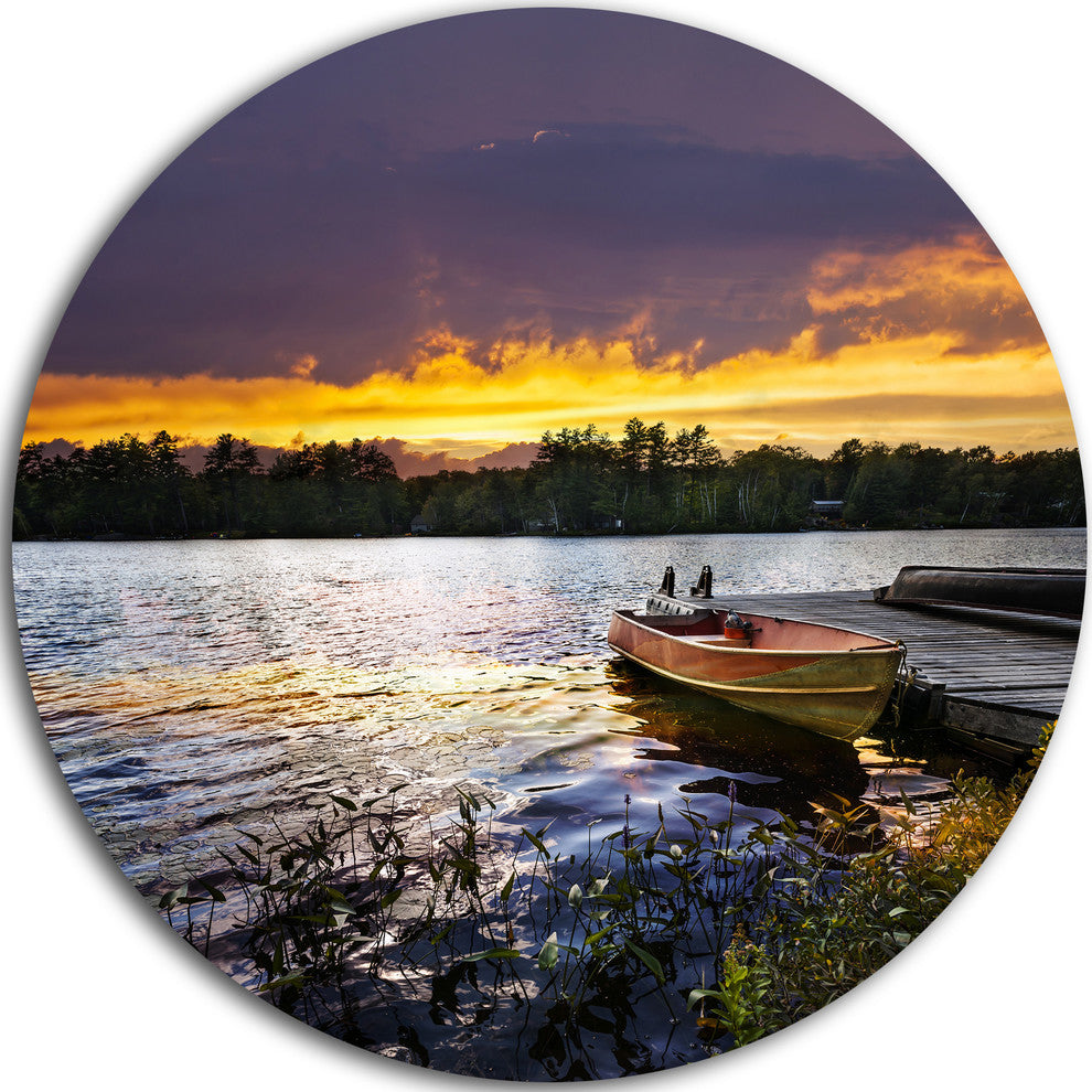 Boat Docked In Lake At Sunset, Modern Seashore Round Wall Art, 36"