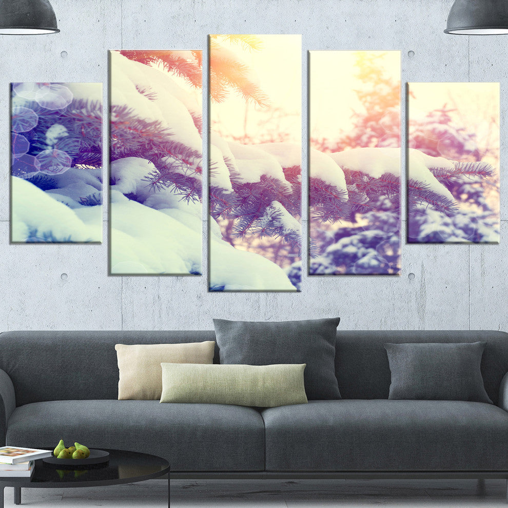 Winter Pine Trees in Mountains, Large Landscape Canvas Art, 60"x32", 5 Panels