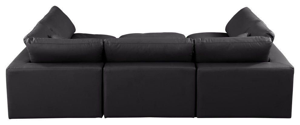 Comfy Upholstered U-Shaped Modular Sectional, Black, 6-Piece: 3 Armless Chair, 2 Corner Chair, 1 Ottoman, Vegan Leather