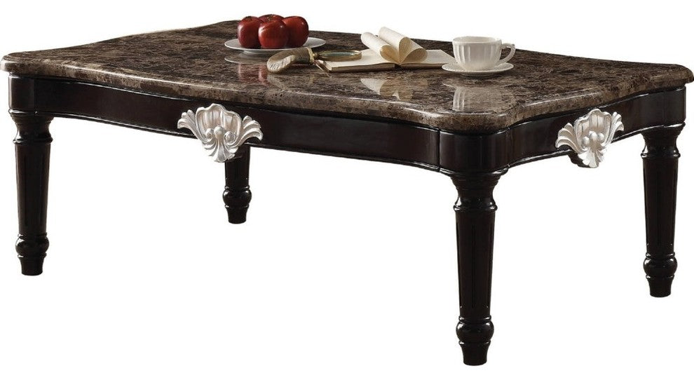 Traditional Style Rectangular Marble and Wood Coffee Table, Brown