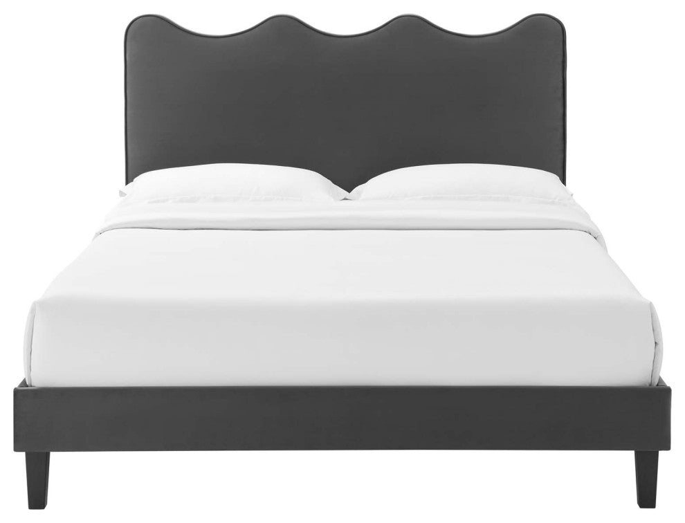 Platform Bed Frame, King Size, Charcoal Gray, Velvet, Modern, Guest Suite