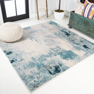 Contemporary POP Modern Abstract Vintage Area Rug, Cream/Blue, 7'10" Square