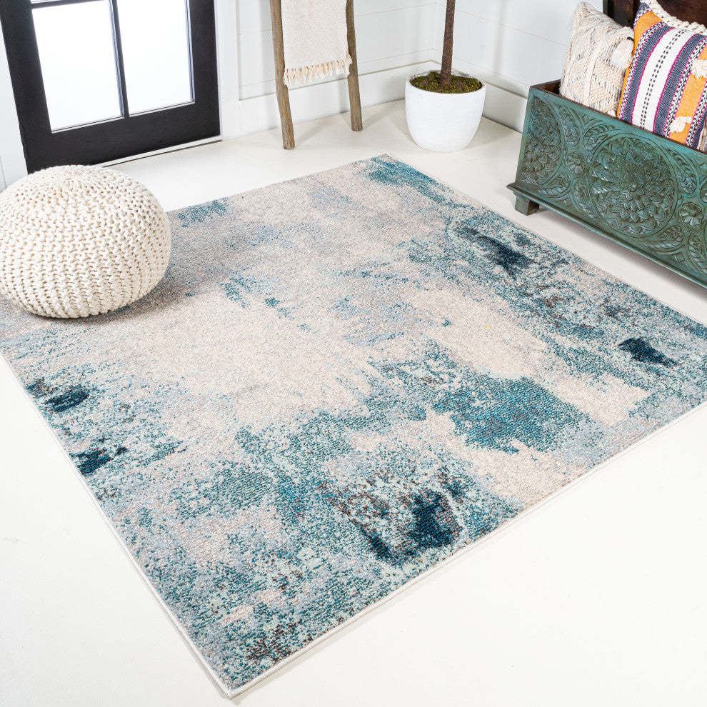Contemporary POP Modern Abstract Vintage Area Rug, Cream/Blue, 7'10" Square