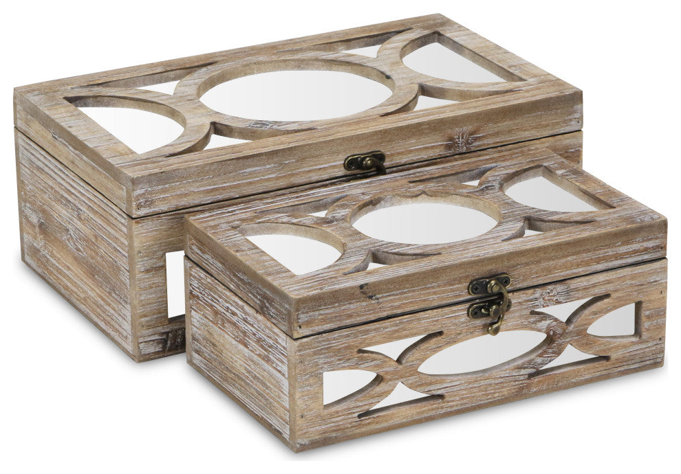 Wooden Mirrored Boxes, Distressed Wood, Set of 2