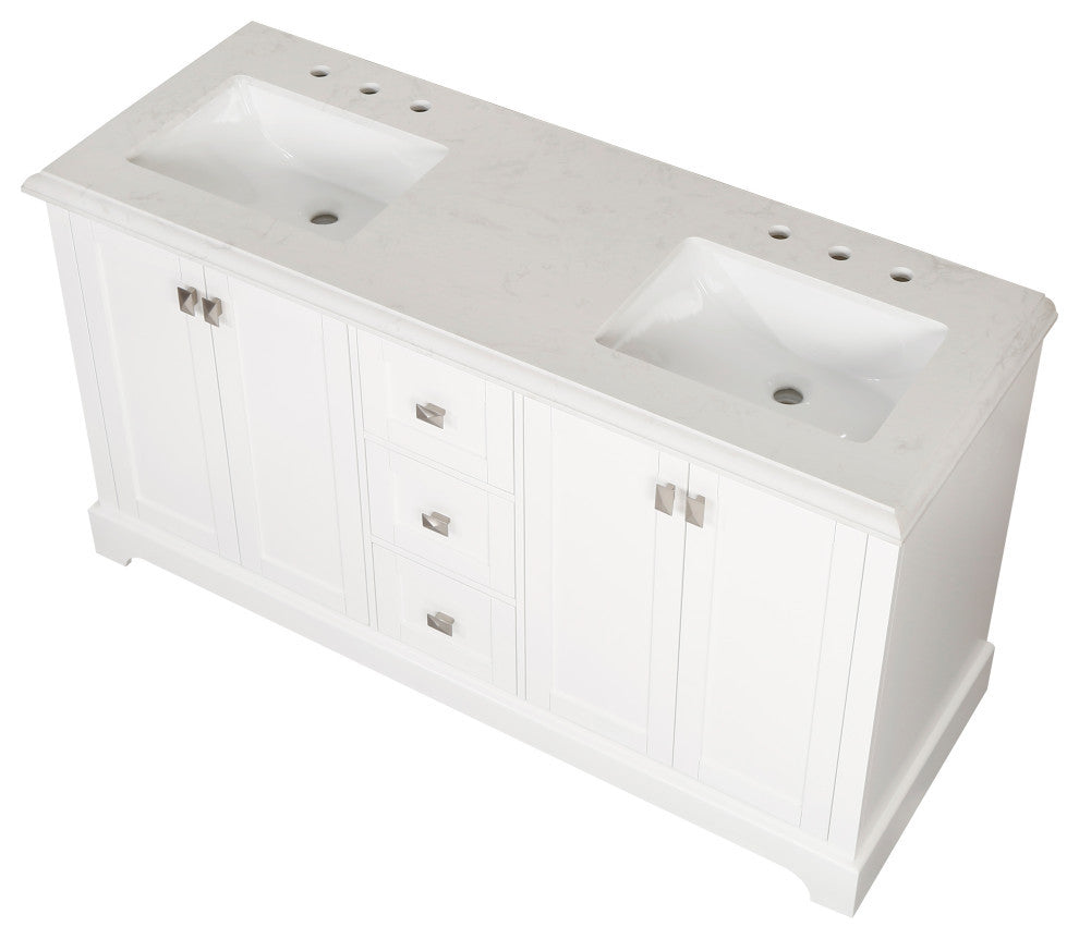 Freestanding Double Bathroom Vanity with White Carrara Marble Top, White, 60"