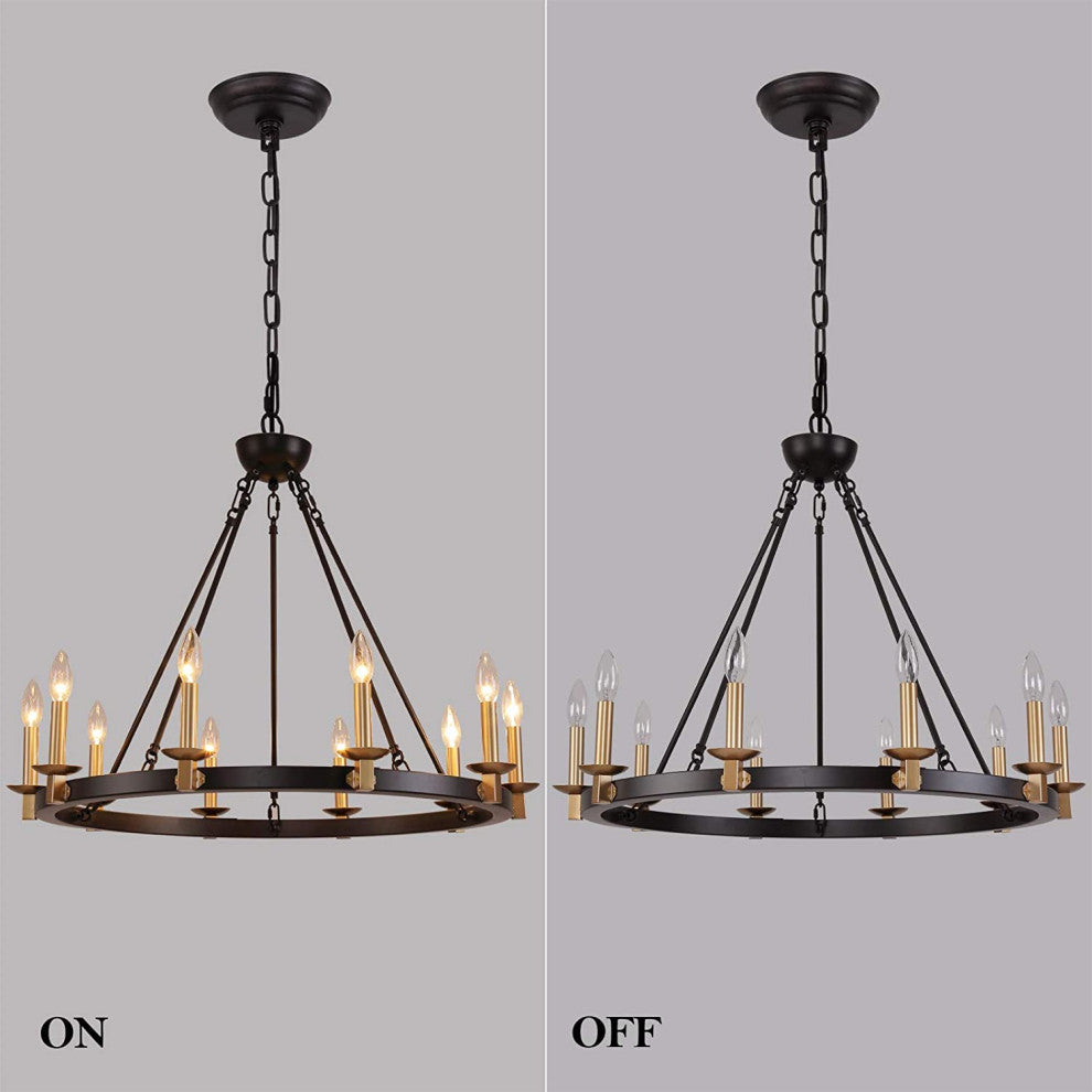 Vintage Wagon Wheel Chandelier Rust Farmhouse Pendant With Black and Gold Finish