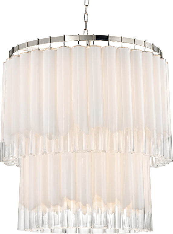 Tyrell 13 Light Pendant, Polished Nickel Finish, Opal White, Clear Glass