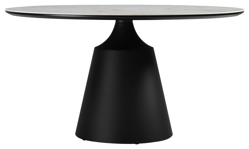 Knox Round Dining Table With Stone Top and Black Metal Base
