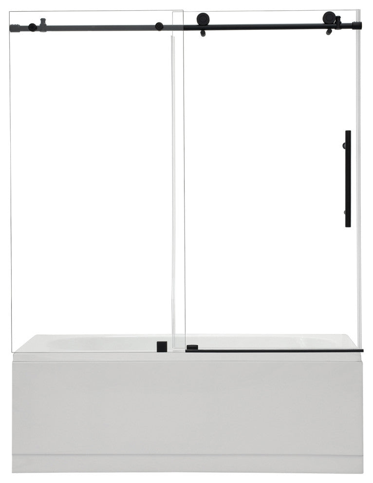 Lazaro Single Sliding Frameless Tub Door, Clear Glass, Matte Black, 60"wx58"h