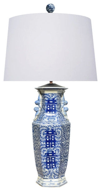 Blue and White Hexagonal Porcelain Double Happiness 37"
