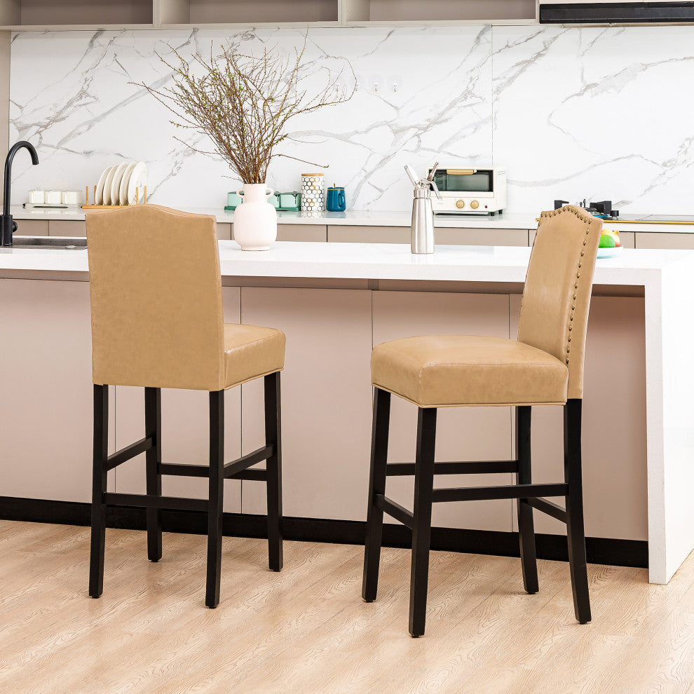 Upholstered PU Bar Chair With Studded Decor, Set of 2, Beige