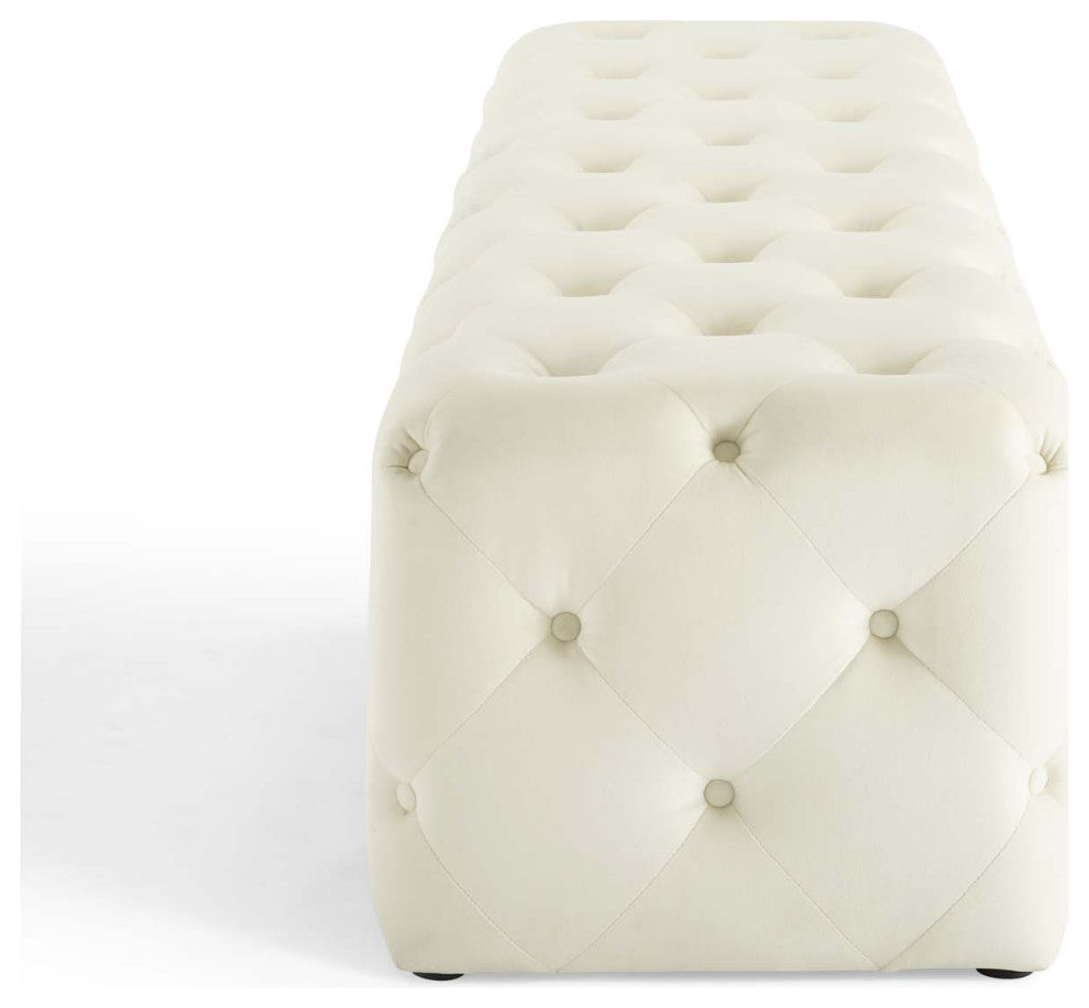 Tufted Accent Chair Bench, Velvet, Ivory White, Modern, Lounge Hospitality
