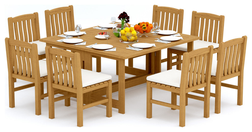 9-Piece Outdoor Teak Dining Set: 60" Sq Butterfly Table, 8 Devon Armless Chairs