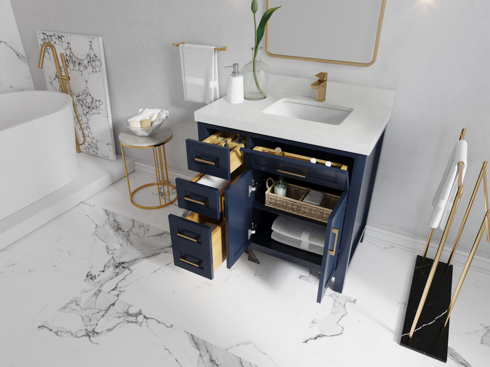 Cambridge 36 Right Offset Bath Vanity in Hale Navy Blue 2" Piatra Gray