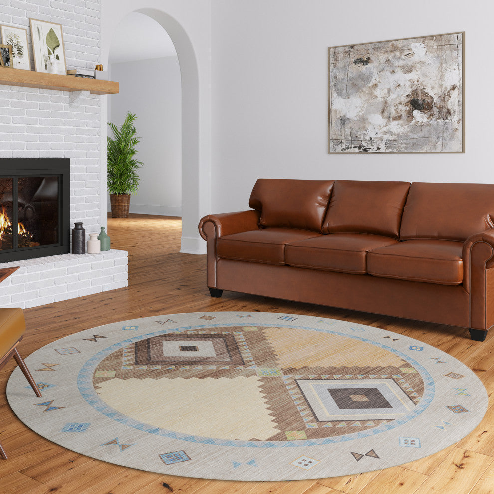 Indoor/Outdoor Phoenix PH2 Taupe Machine Washable 8' x 8' Round Rug