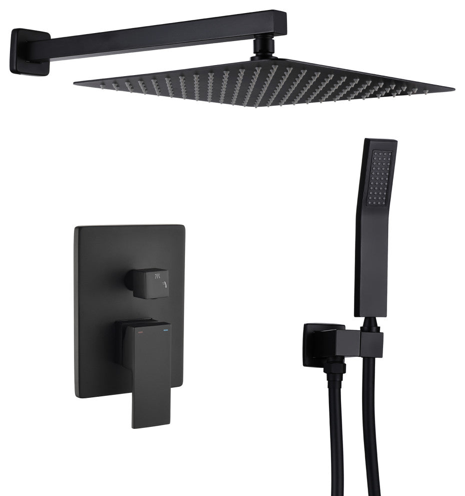 Wellfor Shower Faucet with Rain Shower Head, Handheld Shower and Valve, Black, 10" Shower Head