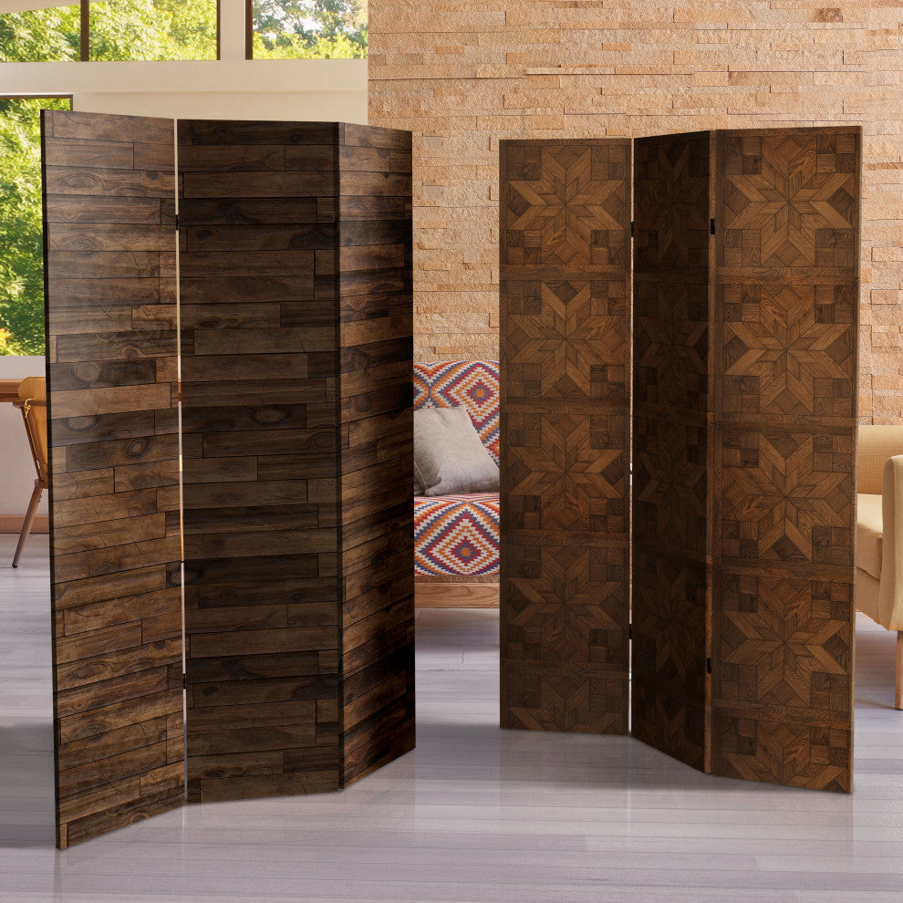 6' Tall Double Sided Walnut Wood Pattern Canvas Room Divider
