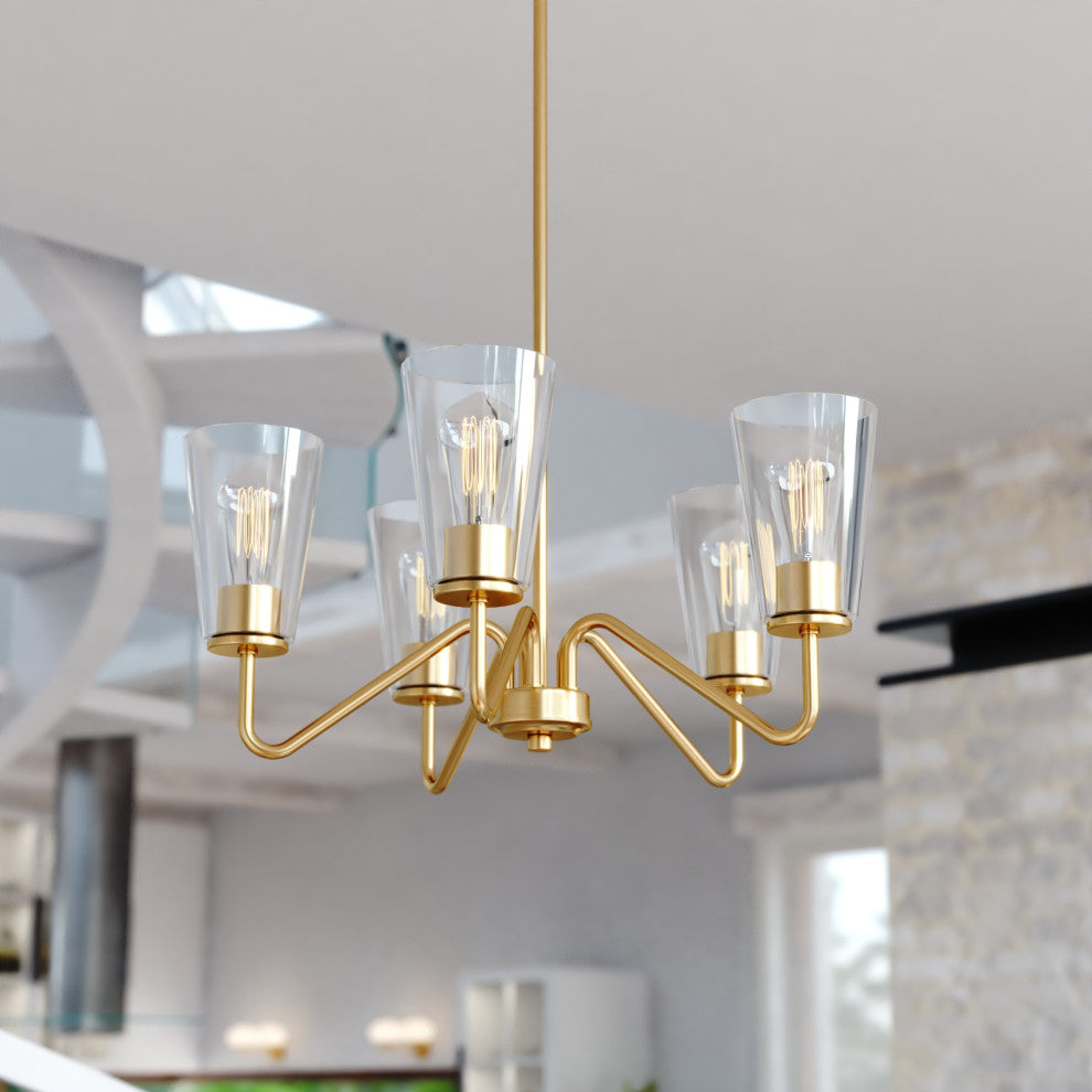 Beverly 5 Light Gold Muted Brass Chandelier Fixture Clear Glass Shade