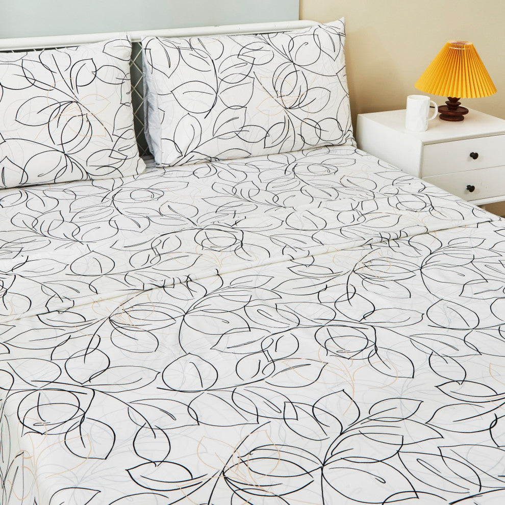 Tache Modern Leaf Foliage Abstract Floral White Grey Black Top Flat Sheet, King