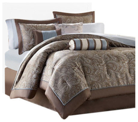 Madison Park Jacquard Duvet 6-Piece Set With Piping, Blue/Brown, Queen