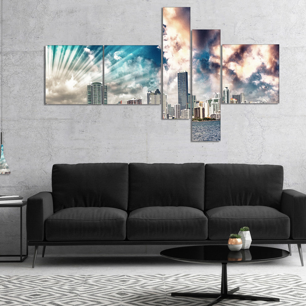 Miami Skyline with Clouds, Cityscape Photo Canvas Print, 60"x32", 5 panels