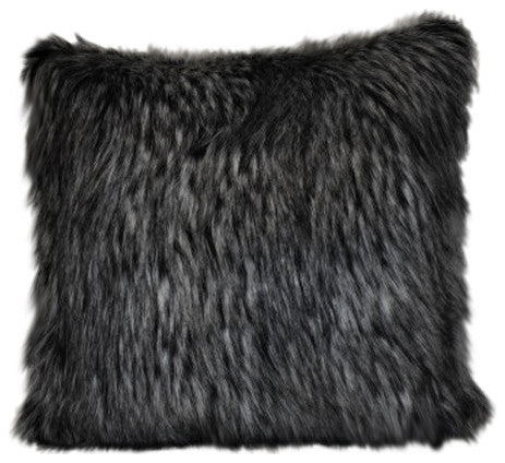 Faux Fur Black Gray Fox Decorative Animal Skin Throw Pillow, 17x17", Square