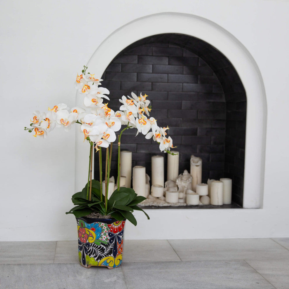 36" Faux Large Orchid Arrangement, Handmade Mexican Talavera Ceramic Planter
