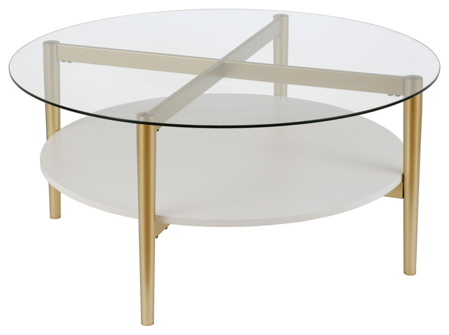 36" Gold Glass And Steel Round Coffee Table With Shelf
