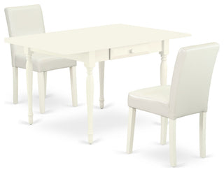 3-Piece Dining Set For 2, Table, 2 Chairs, White PU Leather, Drop Leaf Table