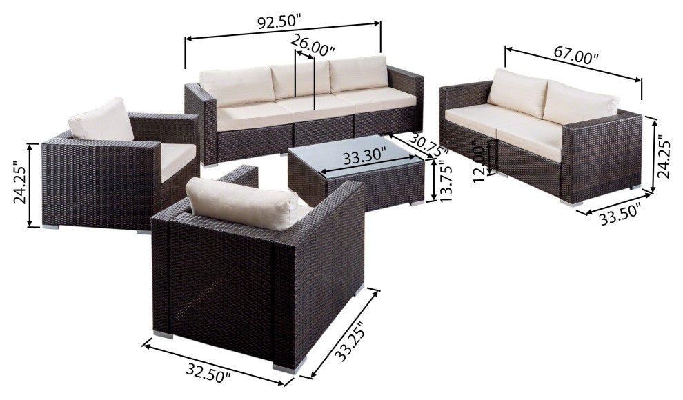 GDF Studio Samuel Outdoor 7 Seater Wicker Sofa Chat Set With Cushions, Multibrown/Beige Cushions