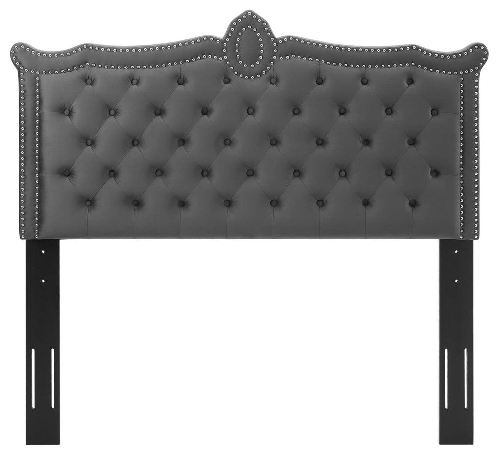 Tufted Headboard, Nailhead, Twin Size, Charcoal Gray, Velvet, Modern