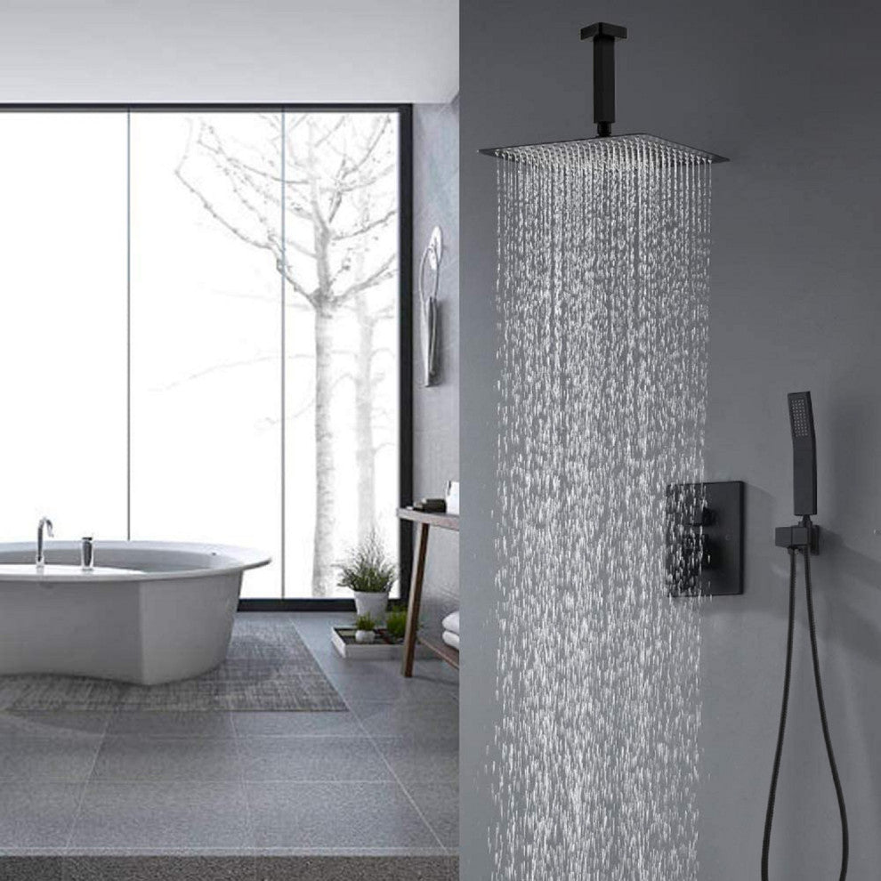 Ceiling Mounted Shower System Set With 16" Rain Shower Head, Matte Black