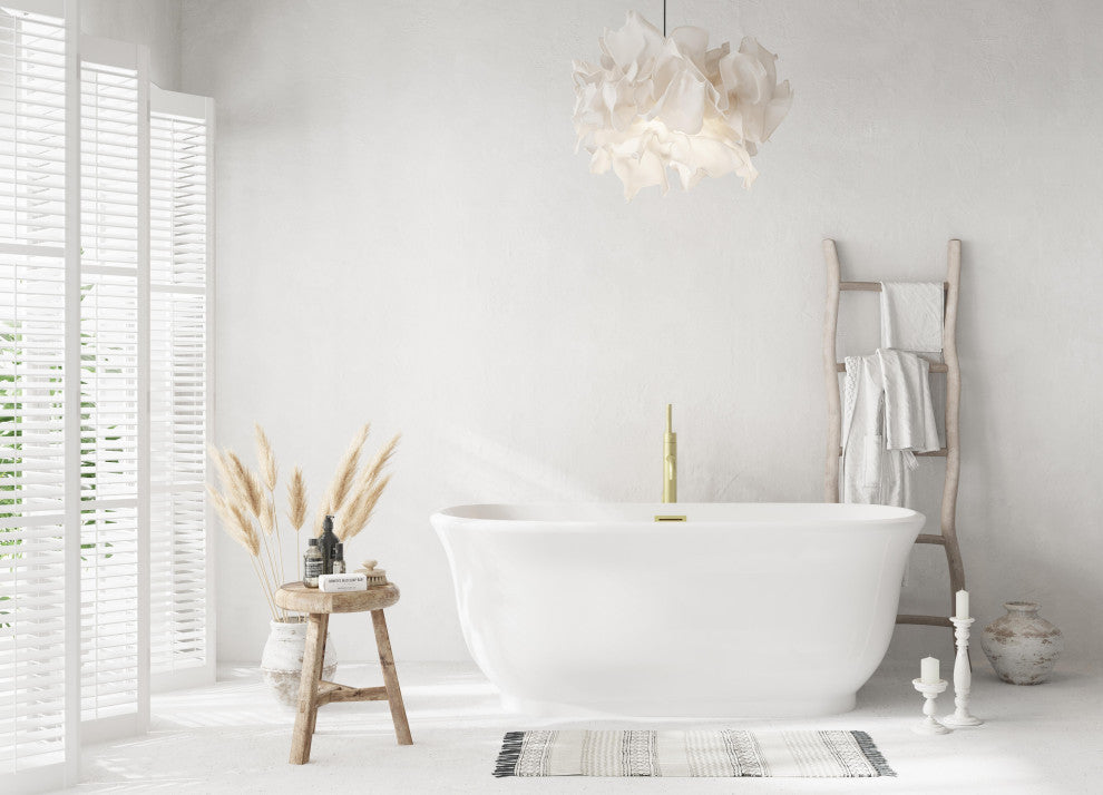 Charlie 59" Soaking Bathtub, Glossy White With Brushed Gold Trim