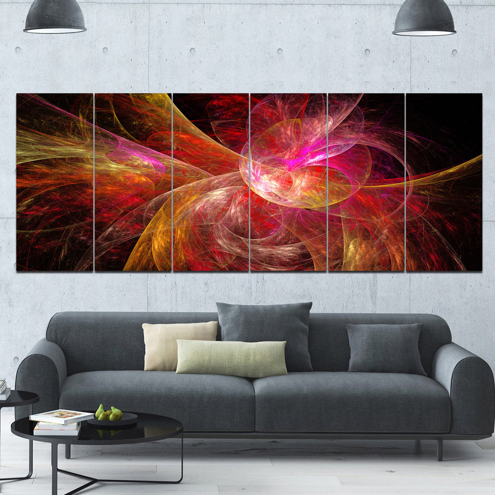 Pink on Black Fractal Illustration, Abstract Canvas Art Print, 70"x28", 6 Panels